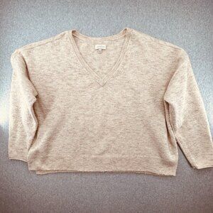 Lucky Brand V-Neckline Sweater Size XL Beige Wool Blend Knit Pullover Cropped